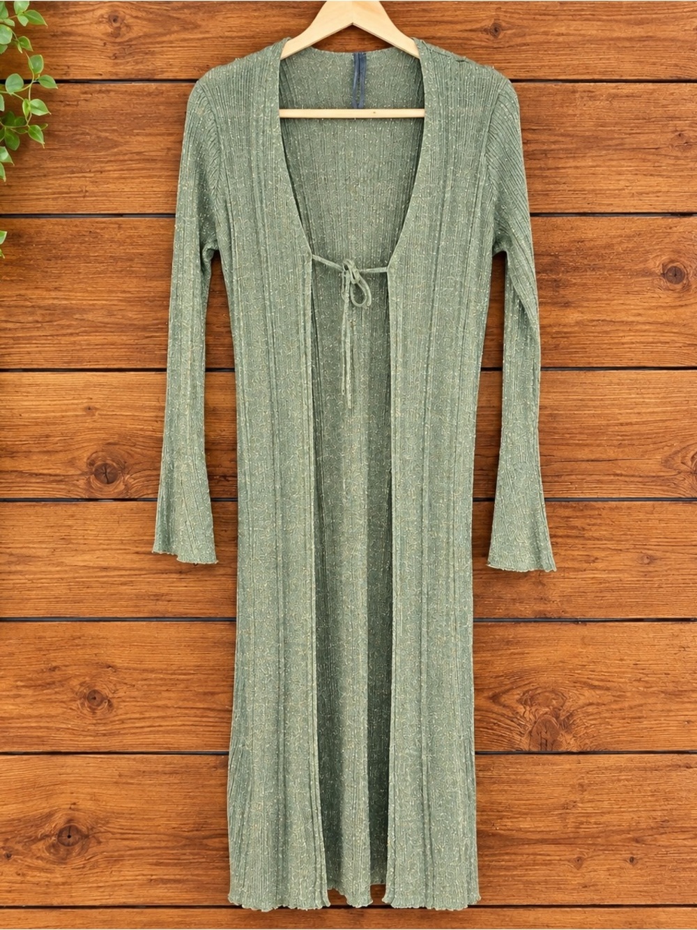 Anthropologie dRA Metallic Green Ribbed Long Duster Cardigan Tie Front 1X